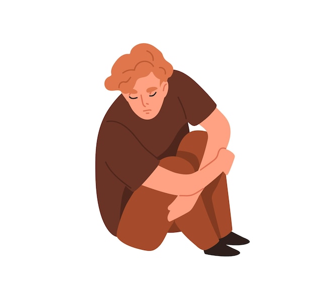 Sad lonely person in sorrow and despair. Unhappy depressed man in grief, sitting and hugging knees. Gloomy guy in bad mood with depression. Flat vector illustration isolated on white background.