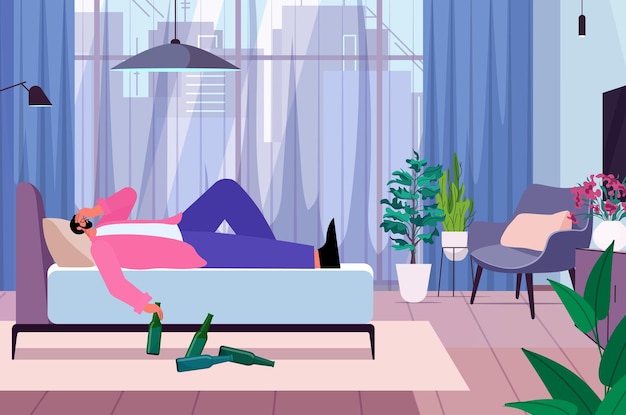 sad man drinker with bottles sleeping in bed alcoholic drinking alone depressed addicted drunk guy having problem alcohol addiction alcoholism concept living room interior horizontal vector illustrati