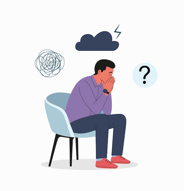 Vector sad man sitting with his head in his handsdoldrums concept vector flat cartoon illustration