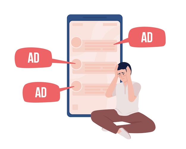 Sad man tired of annoying ads semi flat color vector character