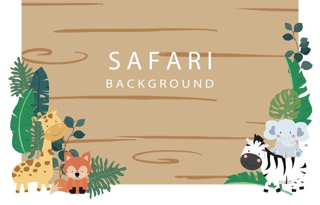 Vector safari banner with giraffeelephantzebrafox and leaf frame