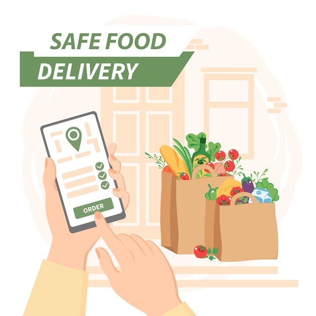 Vector safe food delivery contactless delivery service  food are next to the door to the house