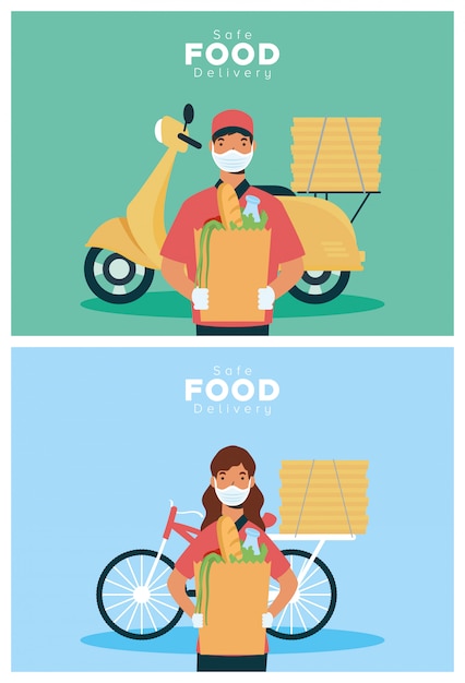 Vector safe food delivery workers with groceries bags in motorcycle and bicycle