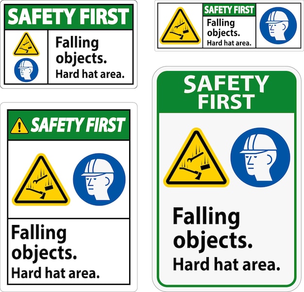 Vector safety first sign falling objects hard hat area