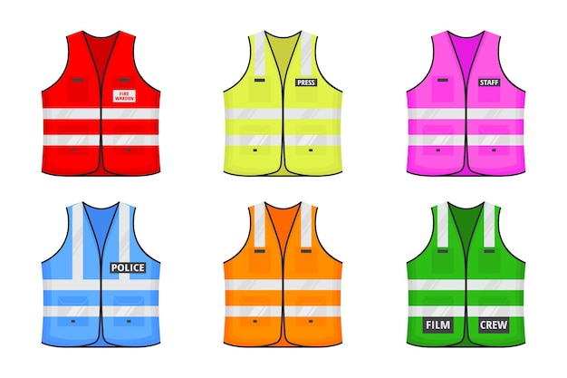 Vector safety reflective vest with label flat style design vector illustration set