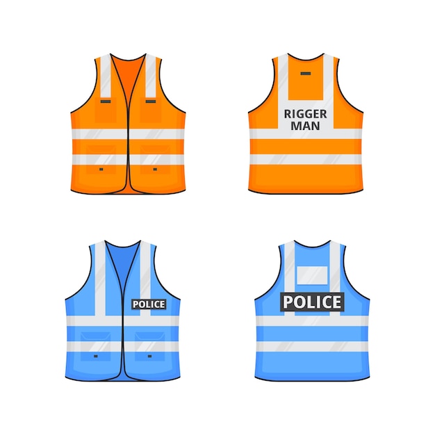 Vector safety reflective vest with labes tag flat style design vector illustration set