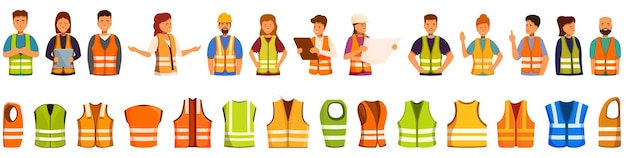 Vector safety vest icons set collection of workers and reflective safety vests isolated on a white background