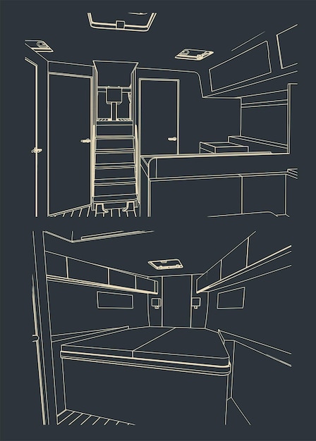 Vector sailing yacht interior sketches illustration