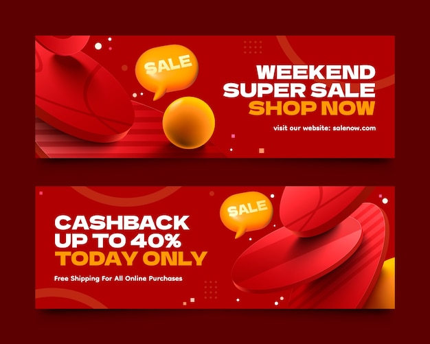 Sales banners with 3d abstract shapes in realistic style