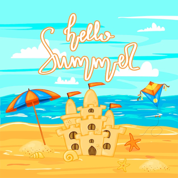 Sand castle on the beach by the water and the inscription "Hello summer". Summer cartoon collection in vector.