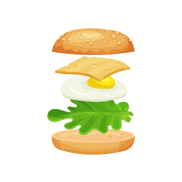 Sandwich with ingredients green lettuce leaf fried egg and slice of cheese Fast food theme Tasty burger Flat vector design for menu