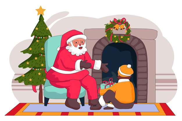 Santa Claus by the Fireplace Merry Christmas Flat Vectors