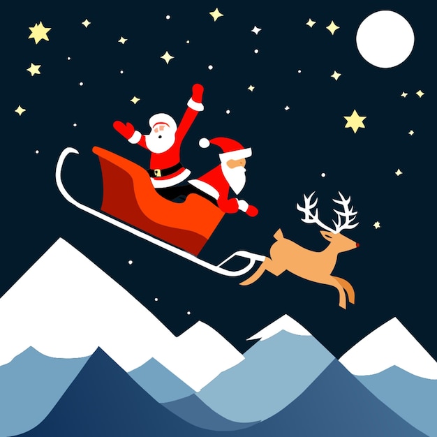 Vector santa claus and reindeer flying across the sky vector illustration