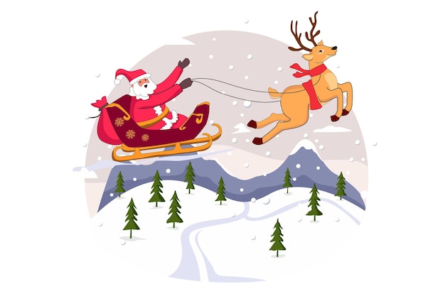 Santa Claus and Reindeer Merry Christmas Vector Flat Illustration