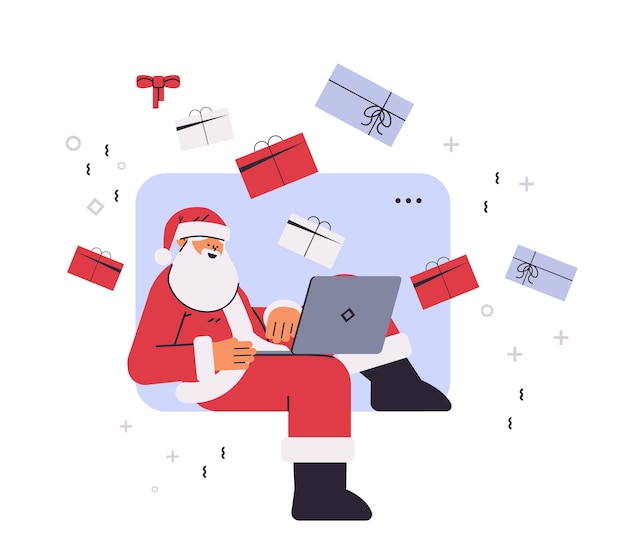 santa claus using laptop new year christmas holidays celebration concept horizontal vector illustration