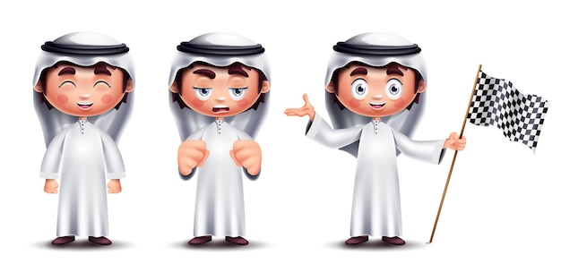 Saudi kids vector characters set design. Arab boy character in standing collection with sad, lonely.