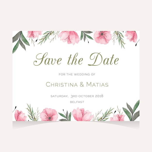 Save the date card with bright pink flowers