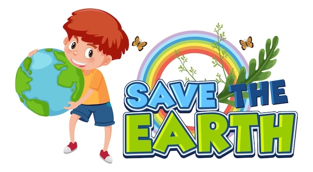 Save the earth banner with a boy holding a earth globe