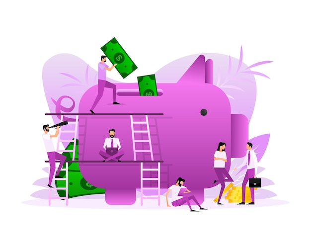 Save money piggy with flat people Vector illustration background