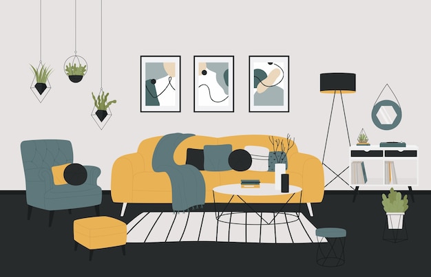 Scandinavian minimalistic style home cozy living room illustration.