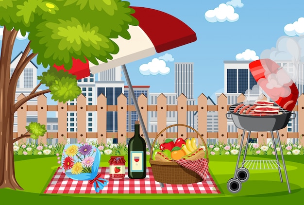 Scene with BBQ grill and food in the basket