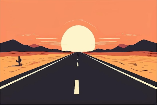 Vector scene with long road through desert illustration road through hot desert vector illustration