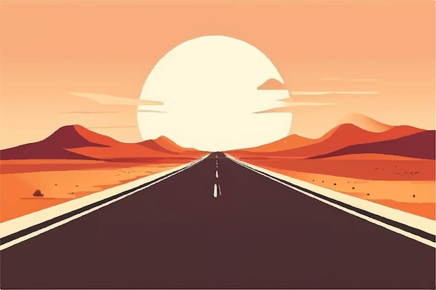 Vector scene with long road through desert illustration road through hot desert vector illustration