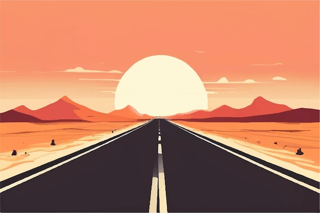 Vector scene with long road through desert illustration road through hot desert vector illustration