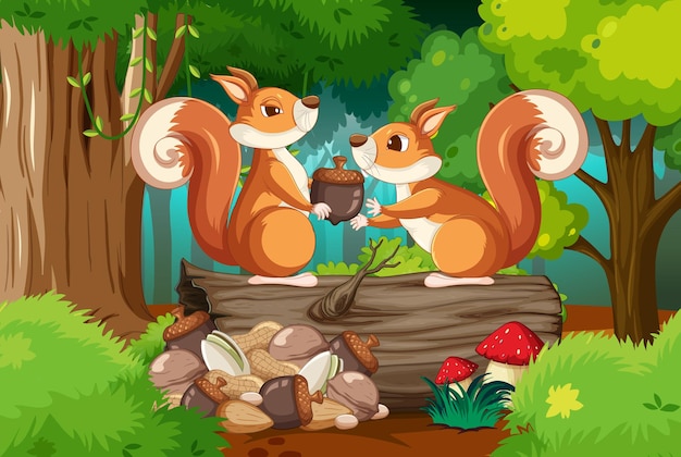 Scene with squirrels in forest