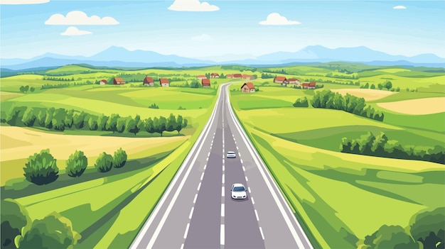 Vector scenic aerial view of endless road through lush farmland