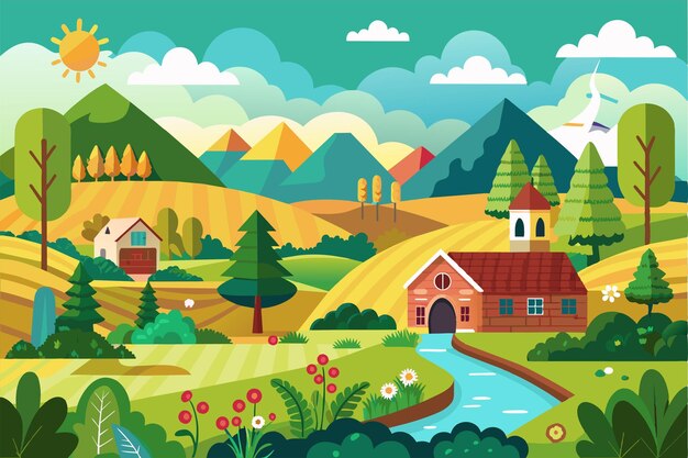 Vector a scenic farm landscape with a house and river in a vector illustration