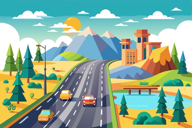 Vector a scenic highway with mountains a building a lake and cars