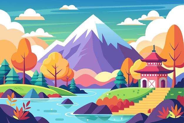 Vector scenic mountain landscape with a pagoda and autumn foliage