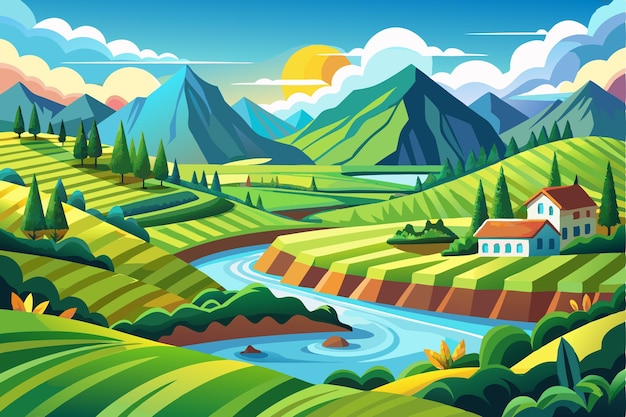 Vector scenic mountain landscape with river and houses