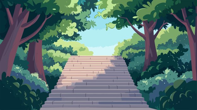 Vector scenic staircase in park surrounded by trees cartoon illustration