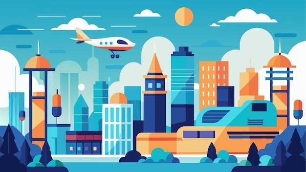 Vector a scenic view of a bustling city with air taxis flying overhead and seamlessly connecting different