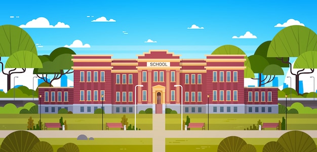 School Building And Empty Front Yard With Green Grass And Trees Landscape