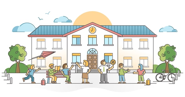 Vector school building exterior with pupil or kids with teachers outline concept. study and academic education skill training in primary, elementary or secondary house with children crowd  illustration