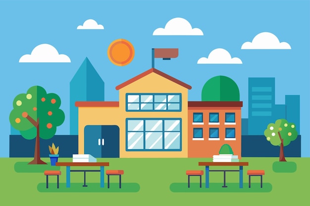 Vector a school building with picnic tables set up in front of it ready for students to enjoy outdoor meals or study sessions back to school simple and minimalist flat vector illustration