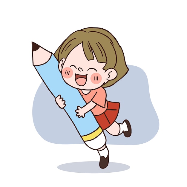 School conceptA happy cute little school girl with huge pencilvector cartoon character