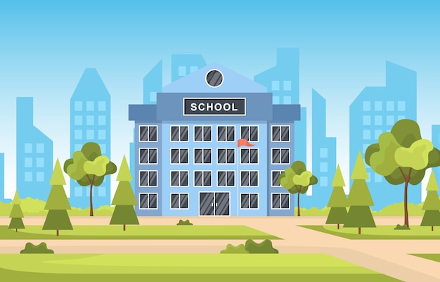 School Education Building Park Outdoor Landscape Cartoon Illustration