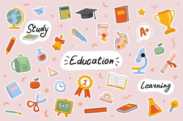 Vector school and education cute stickers template scrapbooking elements set