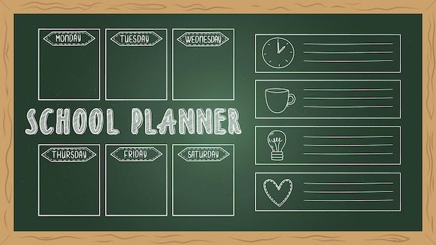 Vector school planner on board. doodle to do list, chalk drawing student week diary vector template. page blank calendar, student blackboard weekly organizer illustration