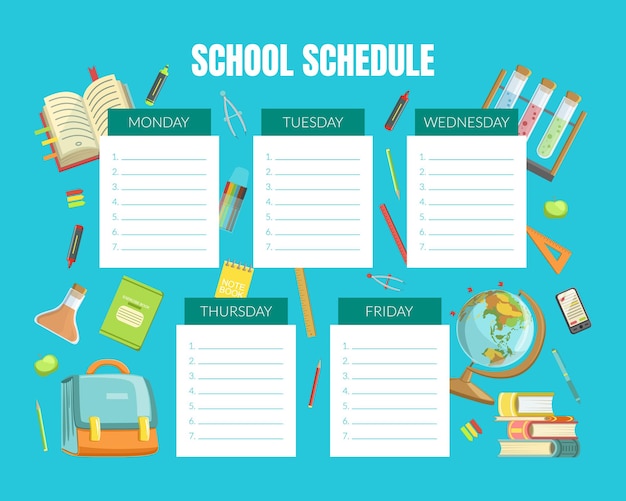 Vector school schedule template timetable for pupils with school supplies vector illustration