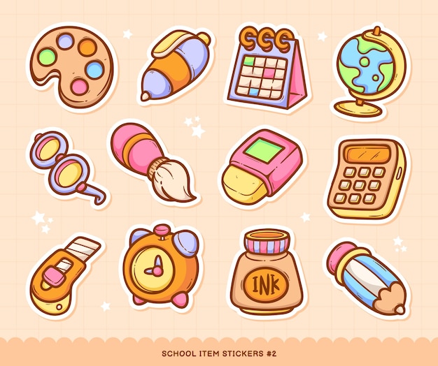 School Stickers Doodle Color Vector Collection