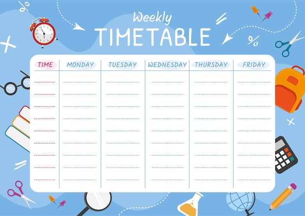 Vector school timetable template with school supplies