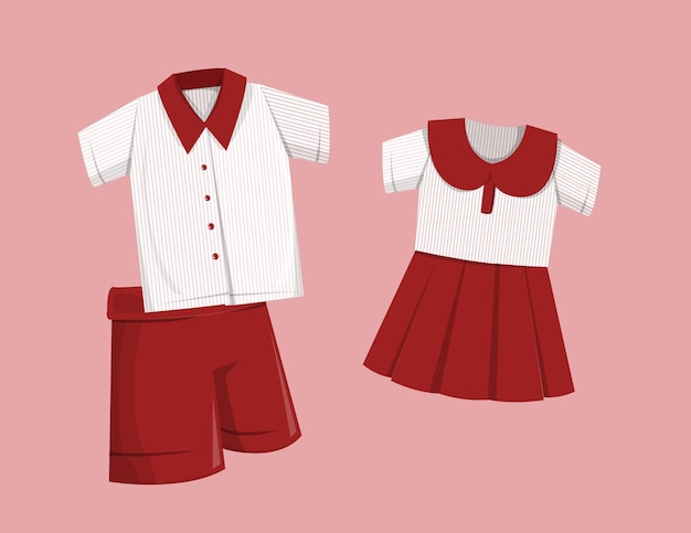 Vector school uniform for male and female in red and white colours and striped tops