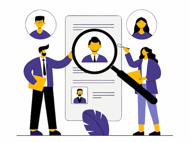 Vector scrutinizing talent hr managers inspect resumes and interviews under the magnifying glass