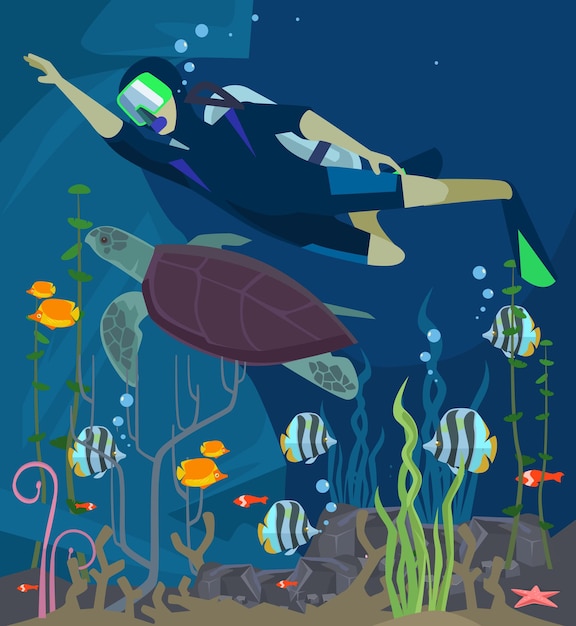 Scuba diving. Sea life.  flat cartoon illustration