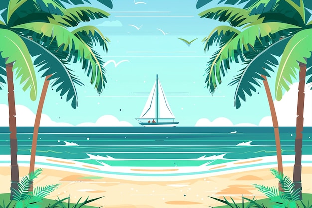 Sea Beach with Palm Trees and a Boat